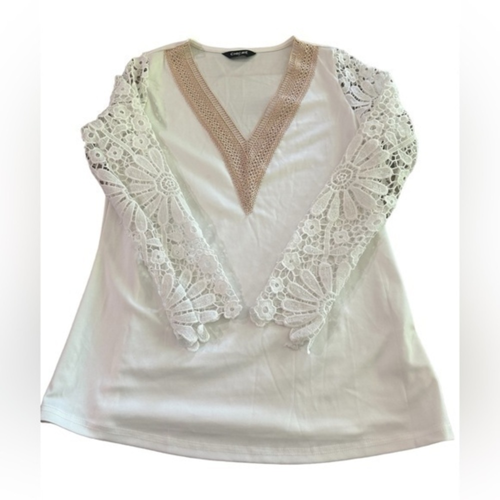 Chicme V-Neck Lace Sleeve Top - Women’s Size Small - White